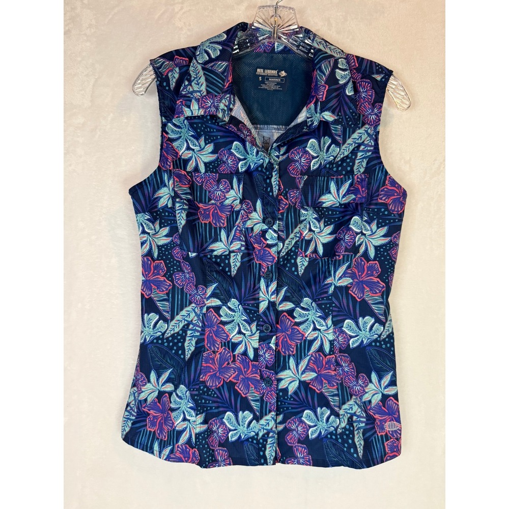 Reel Legends Mariner Fishing Shirt Womens Small Navy Floral Sleeveless EUC